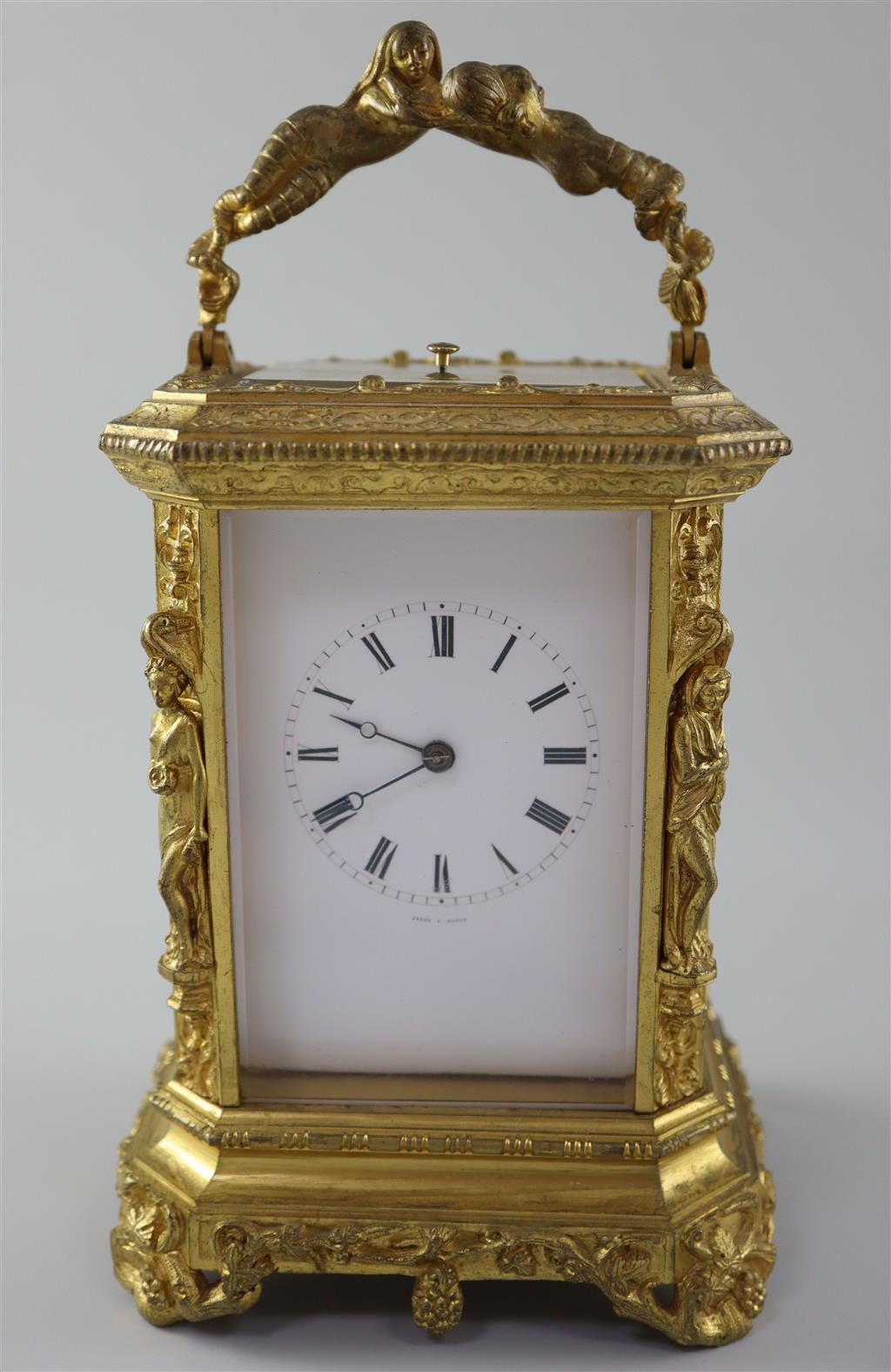 Jules of Paris. A 19th century French ormolu hour repeating carriage clock, width 4.75in. height 7in.